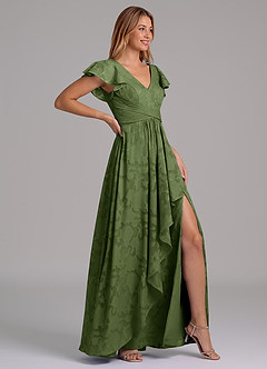 Azazie Omari 신부 들러리 드레스 A라인 주름진 플로럴 번아웃 바닥 길이 드레스 image6