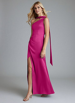 Azazie Adhara Final Sale Fuchsia Sheath One Shoulder Stretch Satin Dress image1
