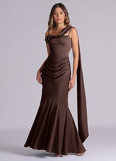 Azazie Inara Bridesmaid Dresses Ganache Mermaid Pleated Stretch Satin Dress image4