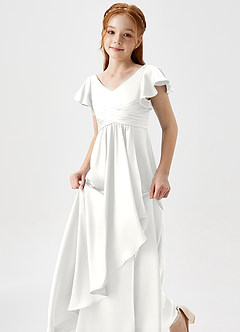 Azazie Omari Junior White A-Line Pleated Stretch Satin Dress image1