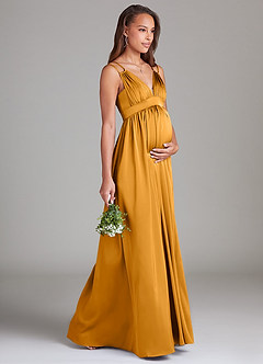 Azazie Emree Maternity Bridesmaid Dresses A-Line Stretch Satin Floor-Length Dress with Pockets image4