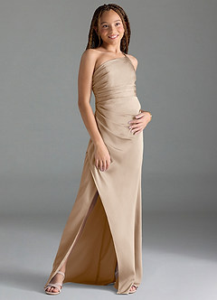 Azazie Eren Junior Vestido de Gris Pardo de Satén Elástico de Recto con Plisado image3
