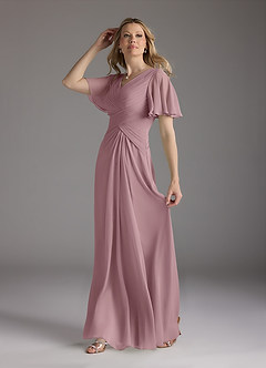 Azazie Morning Glory Kleider für die Brautmutter A-Linie V-Hals Gerüscht Chiffon Kleid Altrosa image4