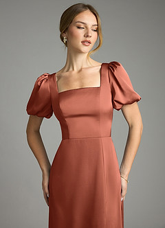 Azazie Fyona Bridesmaid Dresses Clay A-Line Pleated Stretch Satin Dress image6