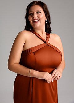Azazie Rue Bridesmaid Dresses Paprika A-Line Pleated Stretch Satin Dress image13