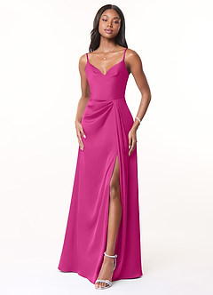Azazie Brielle Bridesmaid Dresses Fuchsia A-Line Cowl Spaghetti Straps Stretch Satin Dress image1