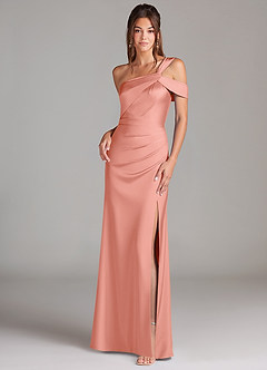Azazie Wynter Bridesmaid Dresses Coral Sheath Off the Shoulder Stretch Satin Dress image1