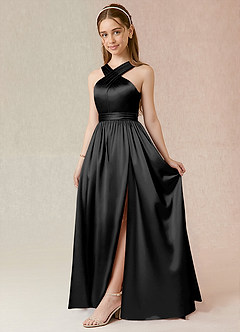Azazie Jiya Junior Black A-Line Pleated Metallic Satin Dress image1