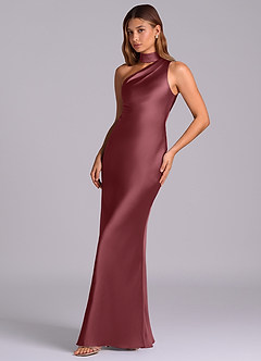 Azazie Seona Bridesmaid Dresses Desert Rose Mermaid One Shoulder Stretch Satin Dress image6