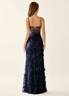 Risqunma Navy 3D Flowers Sequin Embroidery Beading Tulle Prom Dress image2