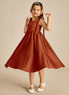 Azazie Chelsie Flower Girl Dresses Paprika A-Line Bow Matte Satin Dress image3