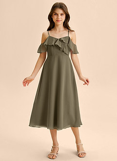 Azazie Kamilla Junior Vestido Salgueiro Verde de Chiffon de Linha A com Fora do ombro image6