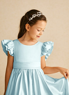 Azazie Piglette vestidos de niña de las flores Vestido de Vidrio Marino de Satin Mate de Corte En A con Lazo image3