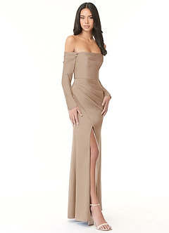 Azazie Hallie Vestidos de damas de honor Vestido de Gris Pardo de Satén Elástico de Corte Recto Convertible con Manga larga con hombros descubiertos image5