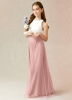Azazie Albertine Junior Powder Pink A-Line Lace Chiffon Dress image4
