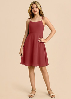 Azazie Shale Junior Rust A-Line Bow Chiffon Dress image3