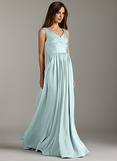 Azazie Keyla Bridesmaid Dresses Sea Glass A-Line Pleated Stretch Satin Dress image1
