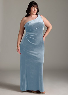 Azazie Argan Bridesmaid Dresses Dusty Blue A-Line One Shoulder Pleated Velvet Dress image10