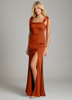 Azazie Frostine Vestidos de damas de honor Vestido de Naranja Quemada de Satén Elástico de Corte en A con Lazo image1