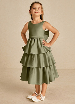 Azazie Margery Flower Girl Dresses Pistachio A-Line Bow Stretch Satin Dress image3