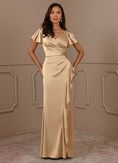 Azazie Roya Mother of the Bride Dresses Champagne Mermaid V-Neck Pleated Stretch Satin Dress image2