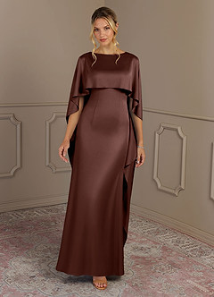 Azazie Eli Mother of the Bride Dresses Espresso Sheath Boatneck Stretch Satin Dress image4