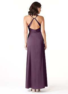 Azazie Geanna Vestidos de damas de honor Vestido de Ciruela de Satén Elástico de Corte Recto con Cuello en V Plisado image2
