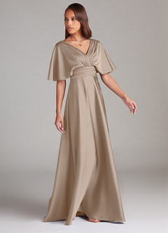 Azazie Pamela Bridesmaid Dresses Taupe A-Line Pleated Stretch Satin Dress image3