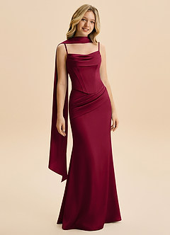 Azazie Sorrel Junior Robe Sirène en Satin extensible Rayé Bourgogne image3