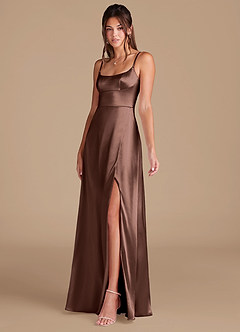 Azazie Halsey Bridesmaid Dresses Espresso A-Line Side Slit Metallic Satin Dress image4