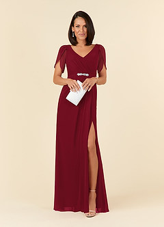 Azazie Marianne vestidos de madre de la novia Vestido de Borgoña de Gasa de Recto con Cuello en V plisado image4