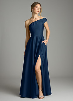 Azazie Melanie At-home Try On Dresses Dark Navy A-Line Off the Shoulder Stretch Satin Dress image1