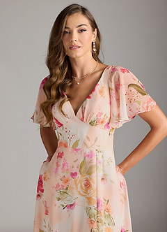 Azazie Kimber Bridesmaid Dresses Abstract Bouquet Floral A-Line Flounce Sleeve Chiffon Dress image5