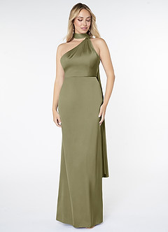 Azazie Kaylani Brautjungfernkleider Meerjungfrau-Linie Hoher Kragen Stretch-Satin Kleid Pistazie image1