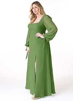 Azazie Leonia Bridesmaid Dresses Basil A-Line Long Sleeve Chiffon Dress image10