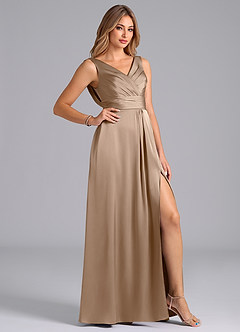 Azazie Karina Bridesmaid Dresses Taupe A-Line Pleated Stretch Satin Dress image5