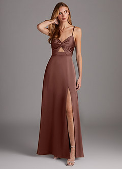 Azazie Jenna Bridesmaid Dresses Espresso A-Line Pleated Stretch Satin Dress image1