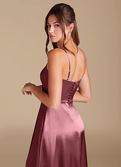 Azazie Halsey Bridesmaid Dresses Desert Rose A-Line Side Slit Metallic Satin Dress image2
