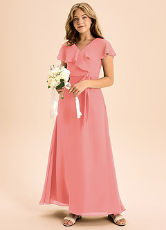 Azazie Lainey Junior Abito A-Line in Chiffon Con Tasche Corallo image6
