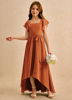 Azazie Milly Girls Formal Robe Demoiselle D'honneur Fillette Robe Trapèze en Mousseline de soie Plissée Cannelle image4