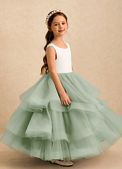 Azazie Madison Abiti da Ragazza di Fiori Abito Principessa in Tulle Pizzo Avorio Salvia Polverosa image4