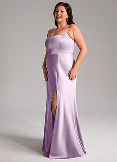 Azazie Lidia Vestidos de damas de honor Vestido de Lila Esmerilada de Satén Elástico de Corte Sirena con Corte Lateral image4