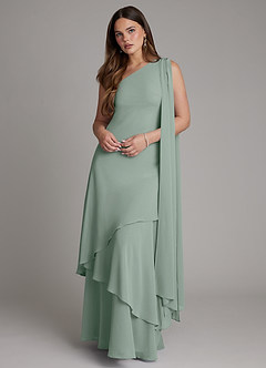 Azazie Monique Vestidos de damas de honor Vestido de Salvia Plateada de Gasa de Corte en A con Hombro unilateral image1