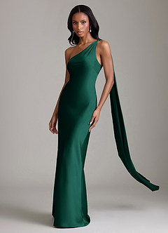 Azazie Galinda Brudtärnklänningar Klä av Sjöjungfru i Stretch Satin Ena axeln Smaragdgrön image1