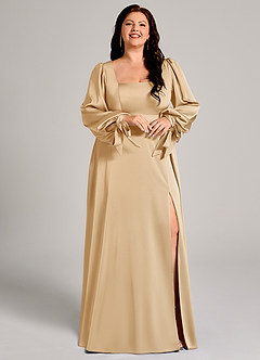 Azazie Leonia Vestidos de damas de honor Vestido de Oro de Satén Elástico de Corte en A con Manga larga image12