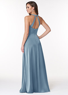 Azazie Ceria Final Sale Matcha A-Line V-Neck Stretch Satin Dress image2