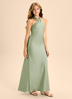 Azazie Doretta Junior Vestido de Salvia Polvorienta de Satén Elástico de Corte En A con Plisado image6