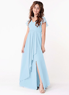 Azazie Omari Junior A-Linie Gestreift Chiffon Kleid Himmelblau image1