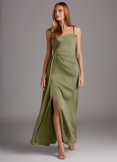Azazie Bona Schlussverkauf A-Linie V-Hals Gefaltet Stretch-Satin Kleid Pistazie image4