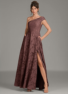 Azazie Melanie Bridesmaid Dresses Espresso A-Line One Shoulder Floral Burnout Dress image3